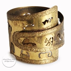 Vintage Cuff Bracelet Wrap Style Bronze Metal Primitive Abstract Figures 1970s